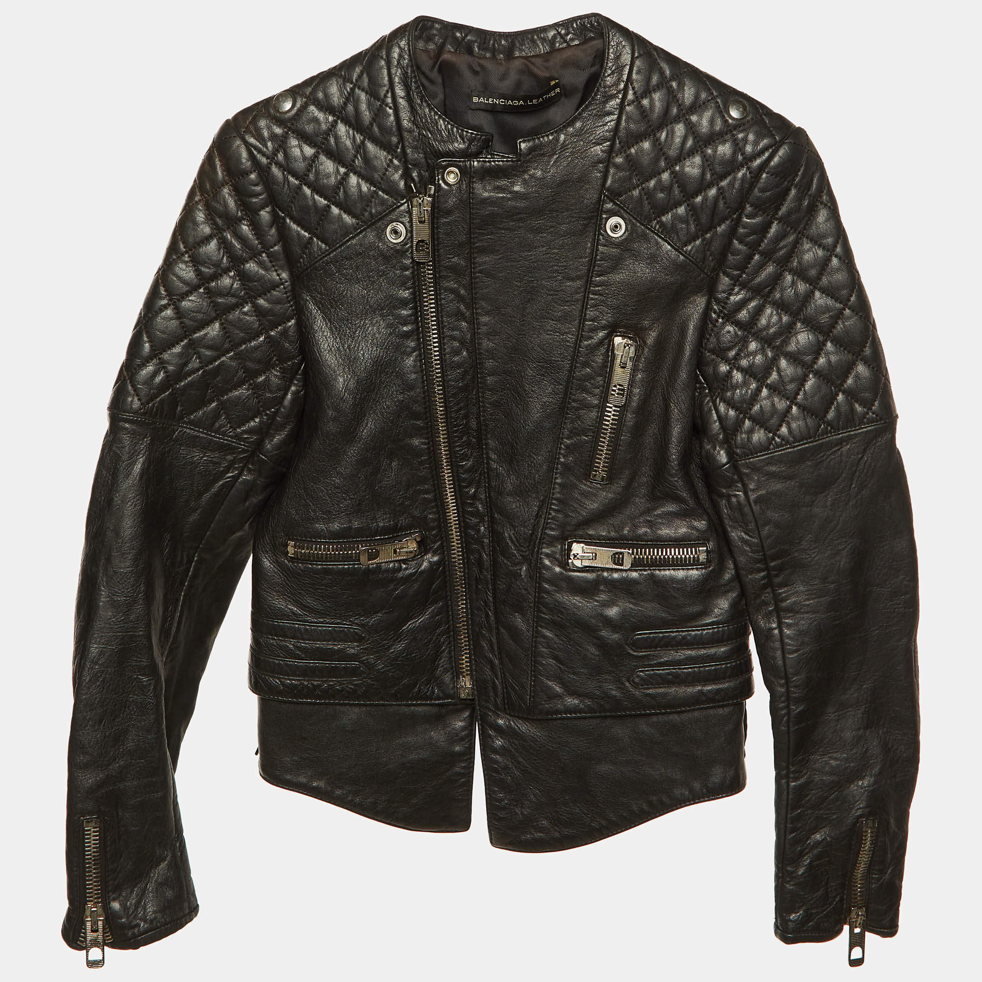 Pre Owned جاكيت بالنسياجا بايكر سحاب مبطّن جلد أسود مقاس صغير (سمول)