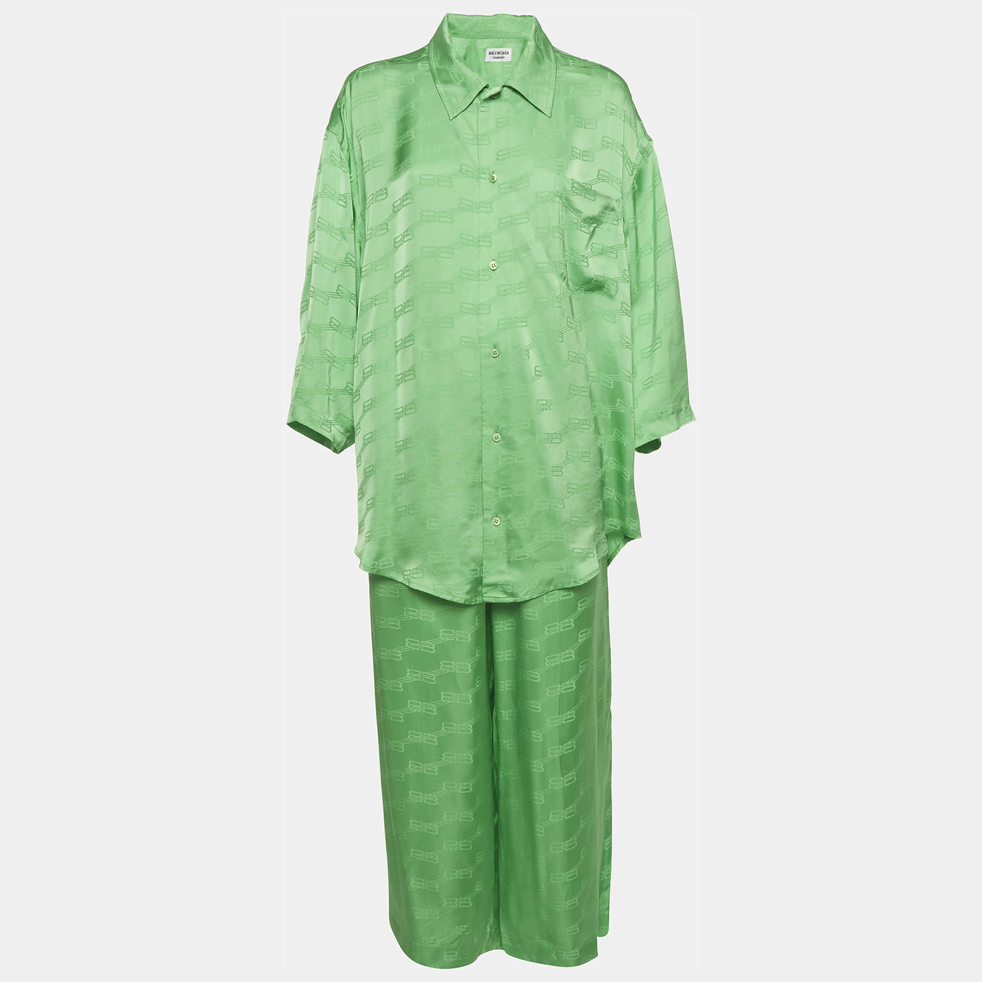 Pre Owned Balenciaga Homewear Green BB Monogram Satin Shirt and Pants Set S