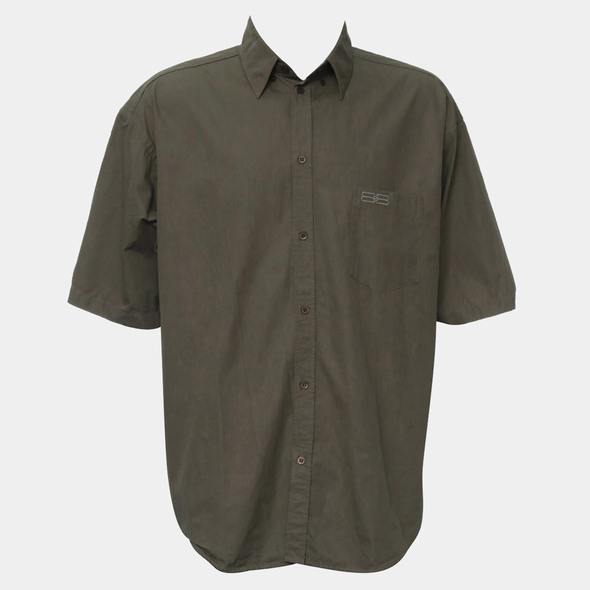 Pre Owned Balenciaga 22SS Back Flag Embroidered Green Cotton Short Sleeve Shirt