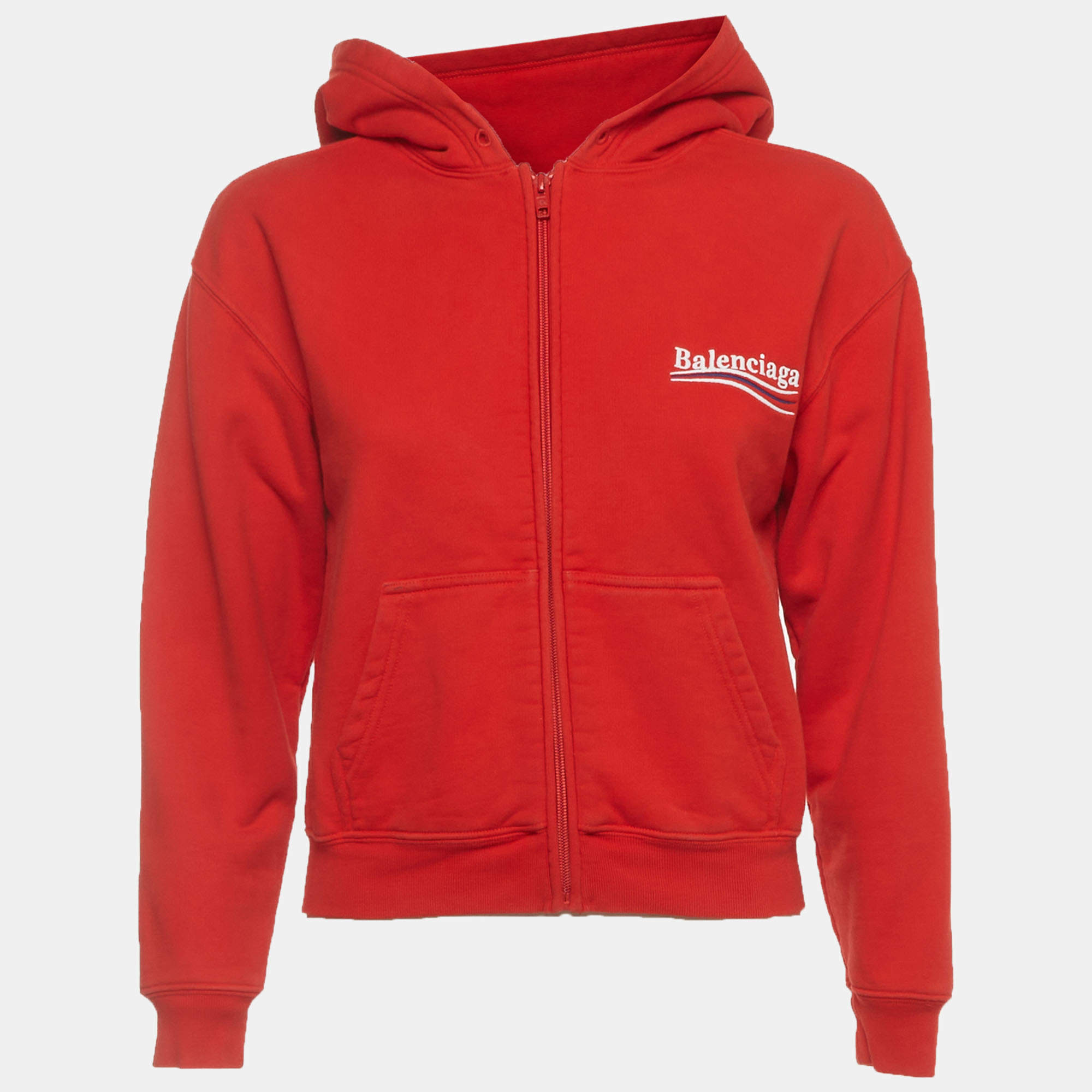 Pre Owned Balenciaga Unisex Red Political Campaign Logo Jersey Zip Up Hoodie XS