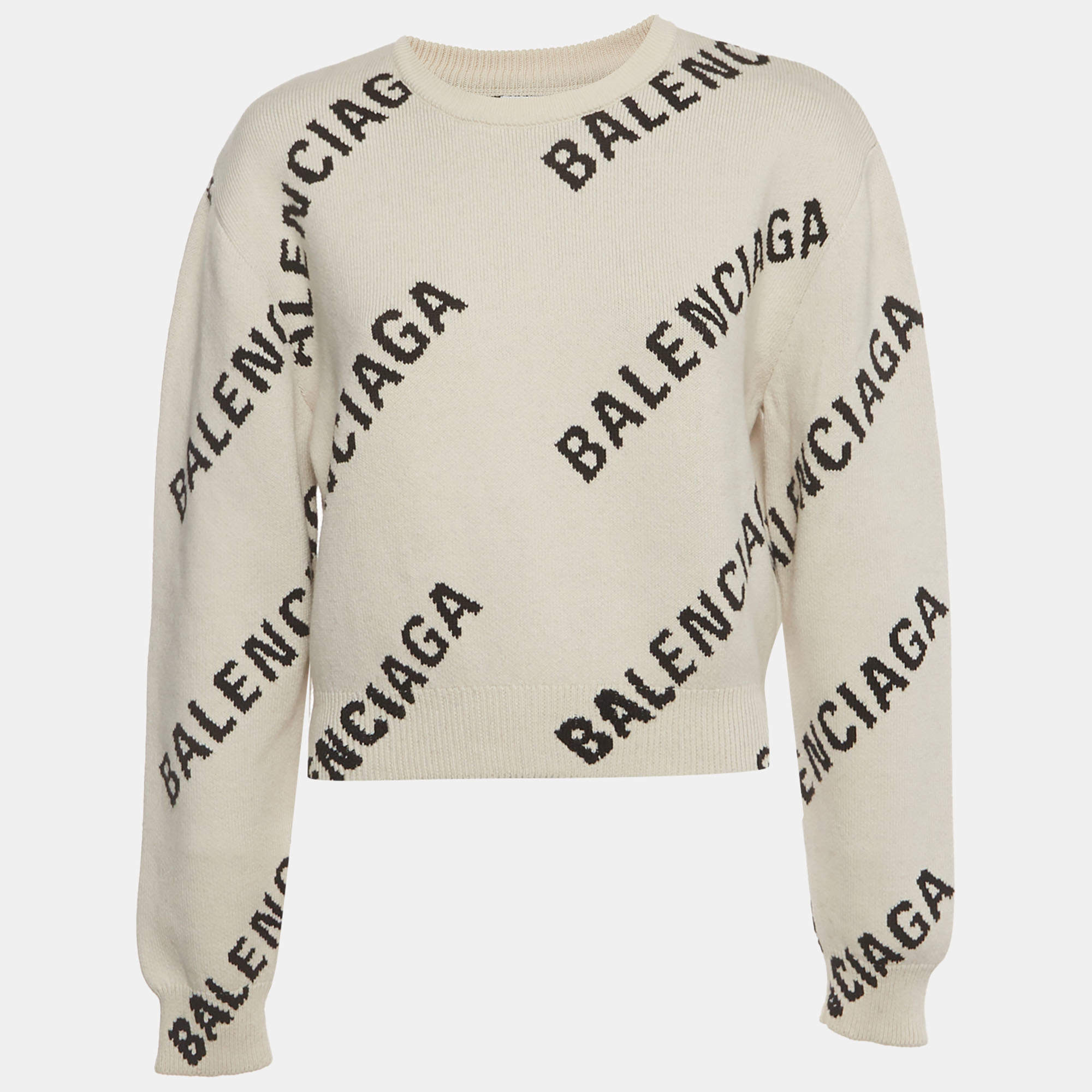 مملوكة مسبقًا Balenciaga White Logo Print Knit Crewneck Sweatshirt S