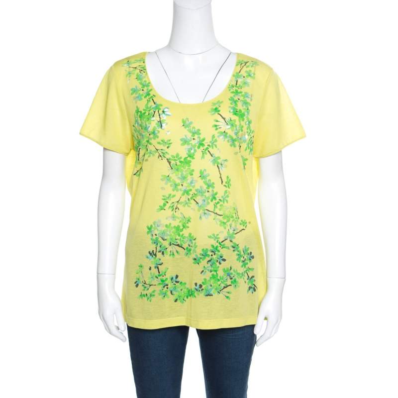Pre Owned Balenciaga Yellow and Green Floral Cutout Printed T-Shirt M