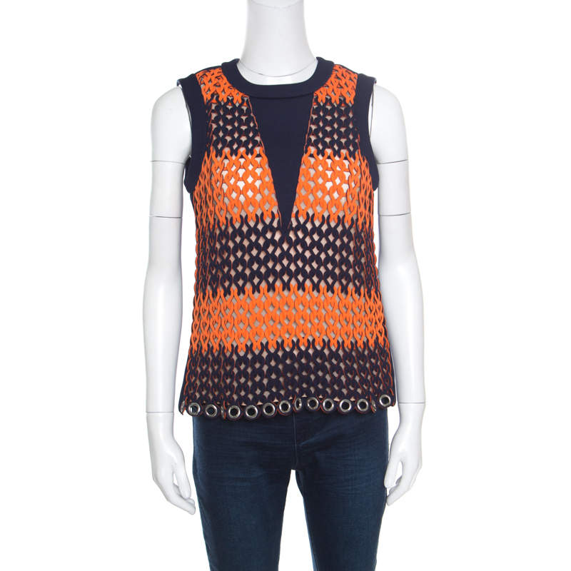 Balenciaga Blue and Neon Orange Open Loop Weave Detail Sleeveless Top S