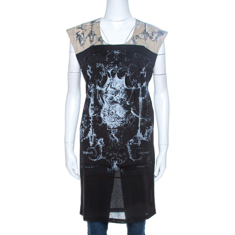 Pre Owned Balenciaga T's Black & Beige Baroque Brasso Printed Tunic Top M
