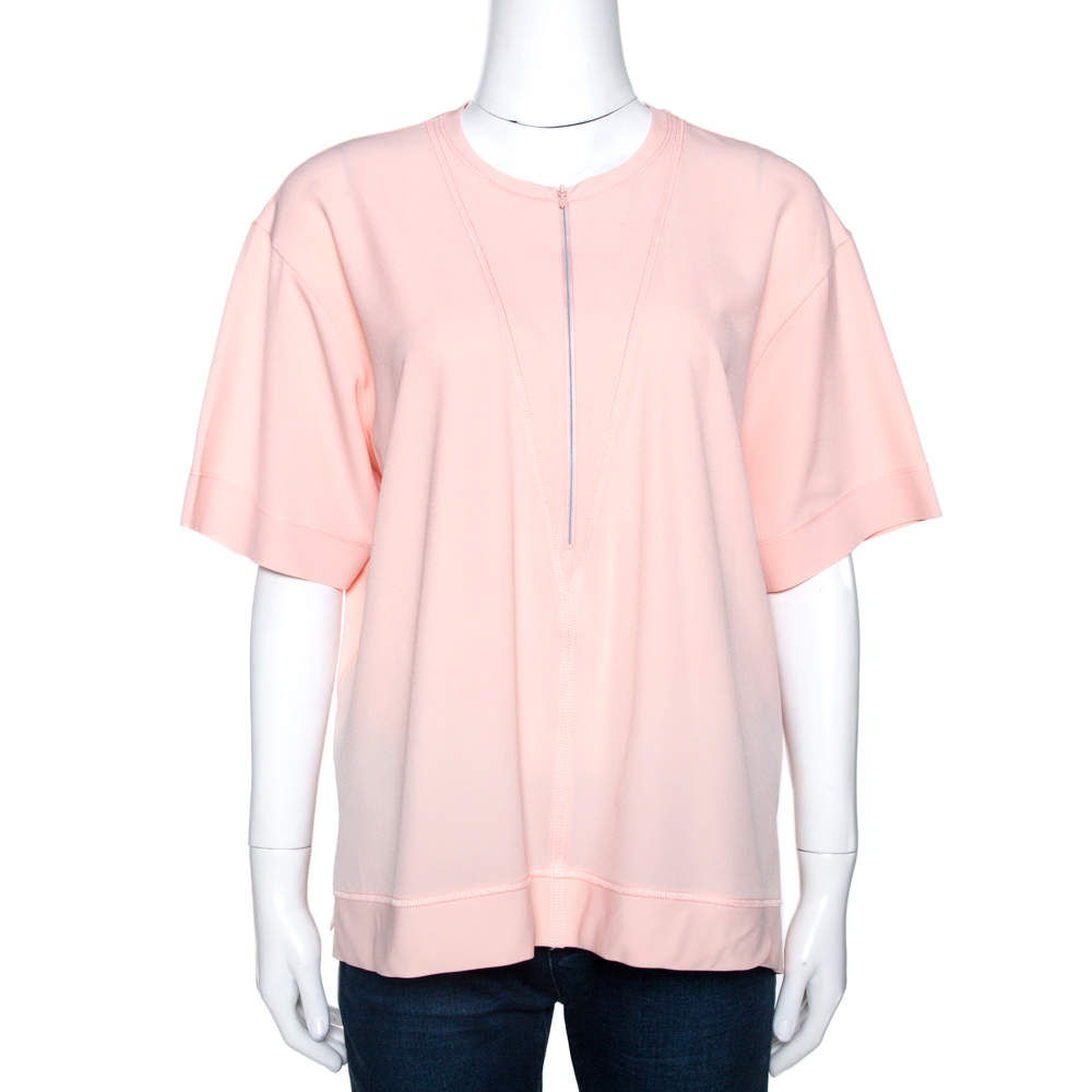 Pre Owned Balenciaga Peach Stretch Crepe Short Sleeve Top L