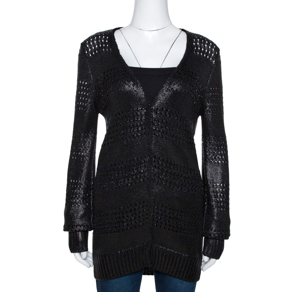 Pre Owned Balenciaga Black Metallic Coated Eyelet Knit Cardigan S