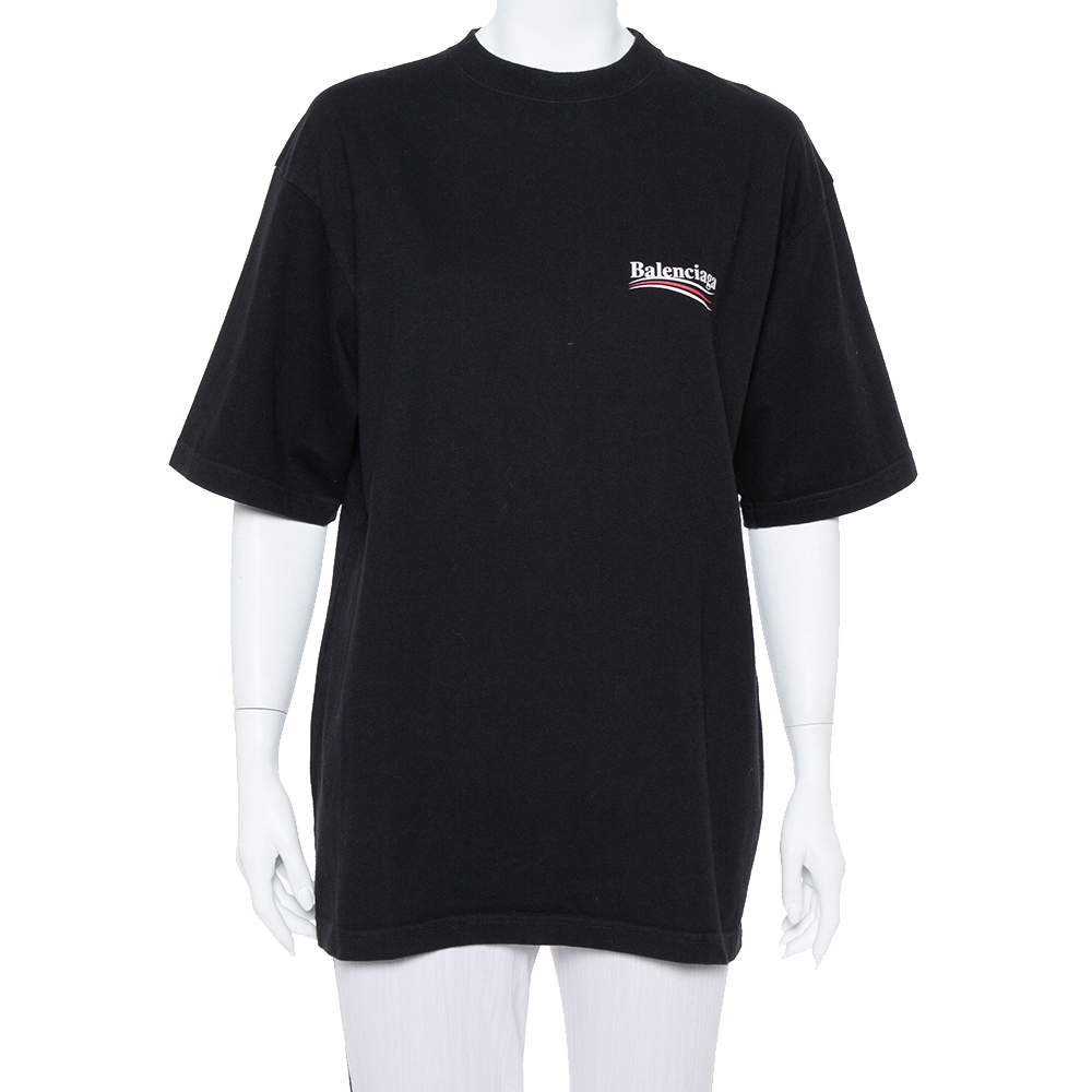 Pre Owned Balenciaga Black Logo Printed Cotton Crewneck Oversized T Shirt S