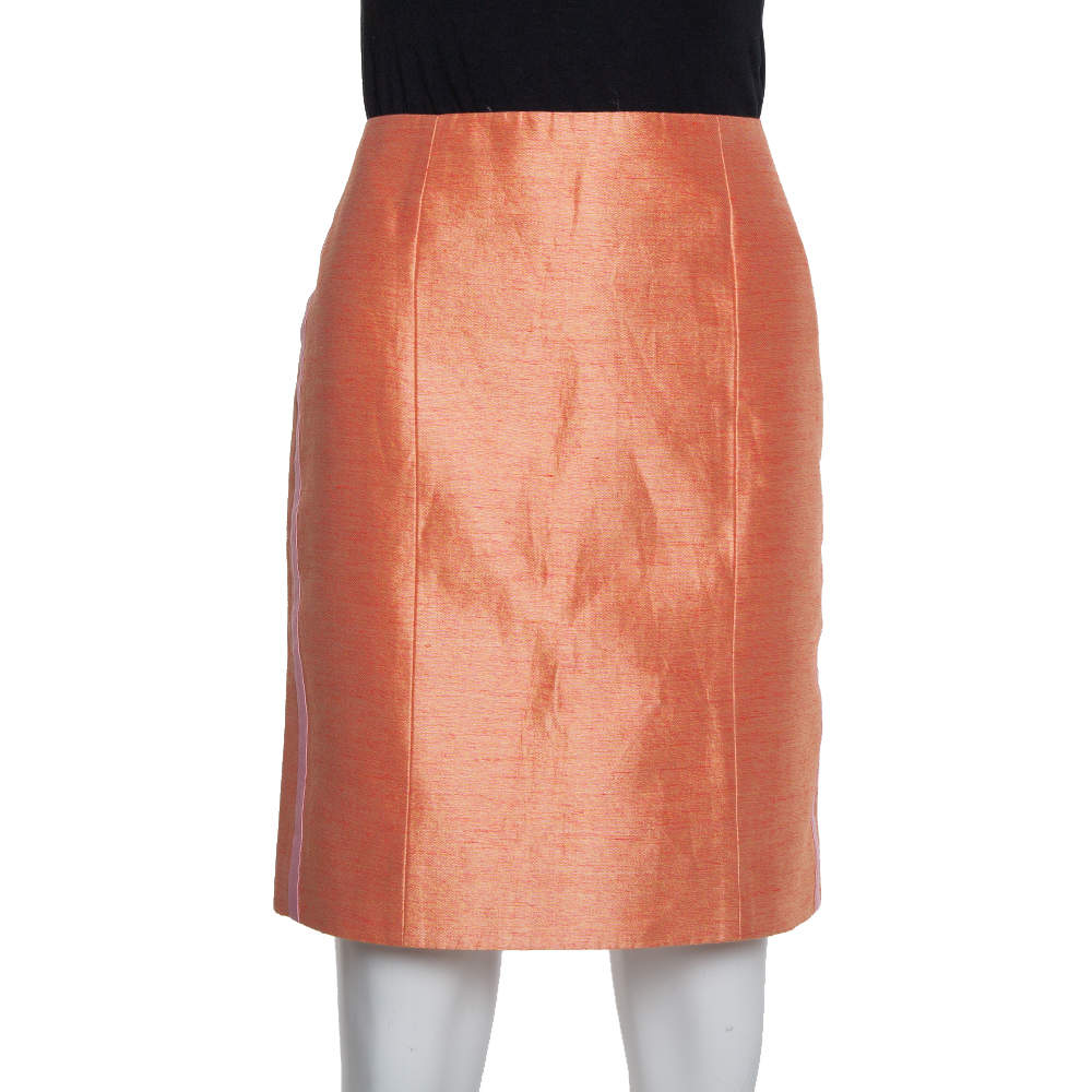 مملوكة مسبقًا Balenciaga Orange Silk & Linen Contrast Trim Detail Mini Skirt M