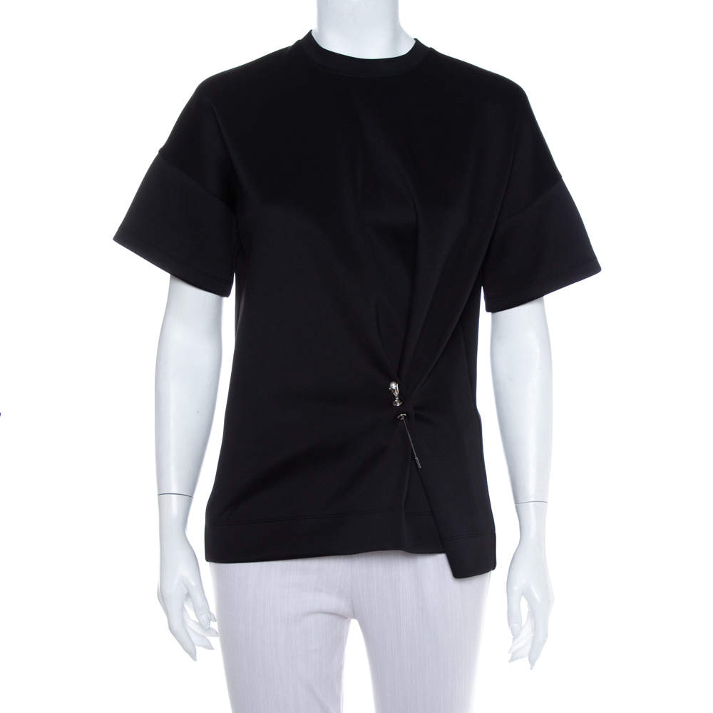 Pre Owned Balenciaga Black Neoprene Pin Detail Asymmetric Draped Top M