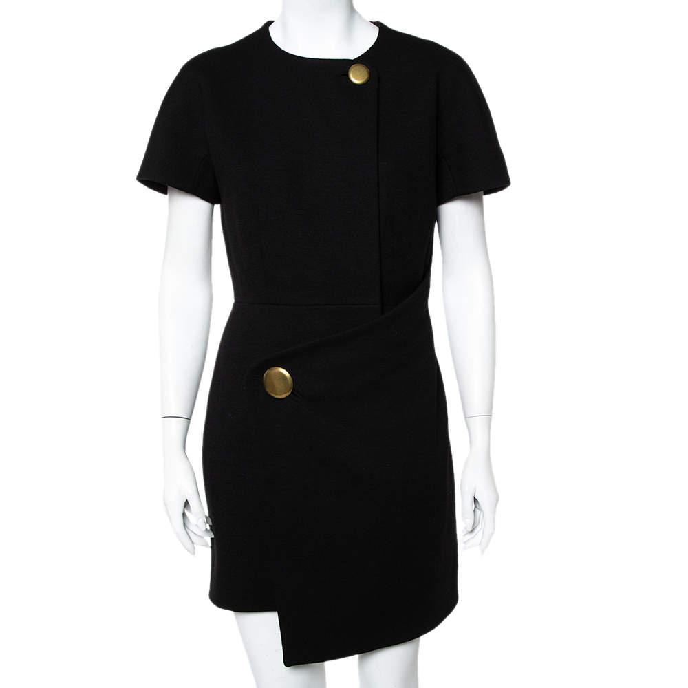 Pre Owned فستان ميني بالنسياغا صوف أسود نمط ملتف حافة غير متماثلة مقاس متوسط - ميديوم