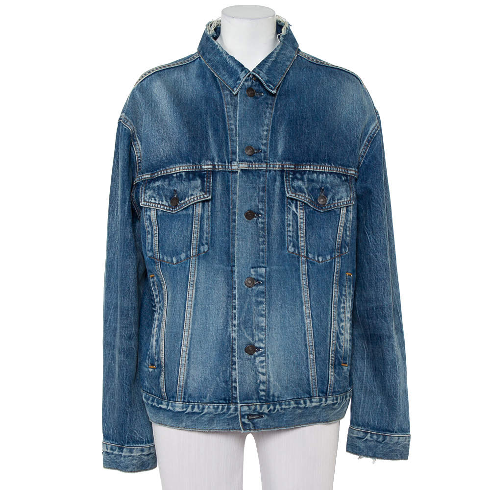 Balenciaga Blue Denim Distressed Collar Detail Oversized