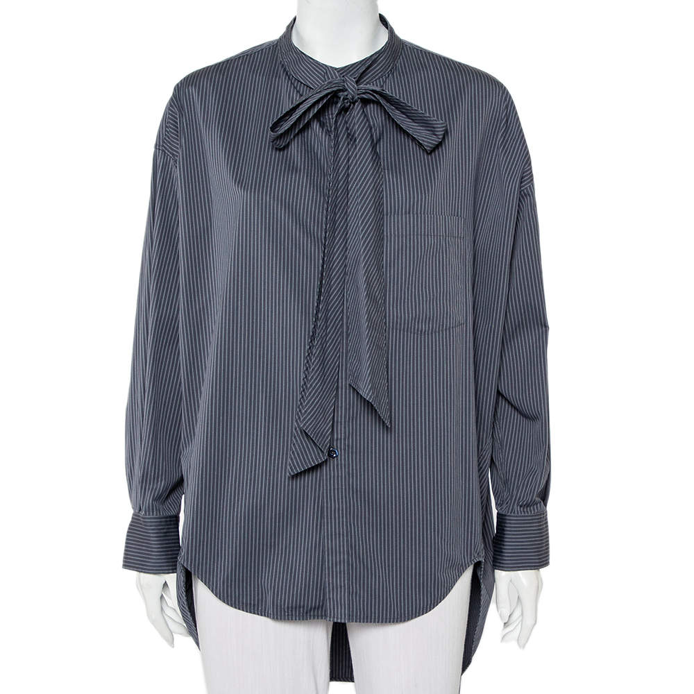 Pre Owned Balenciaga Charcoal Grey Striped Cotton Neck Tie Detail Oversized Shirt S