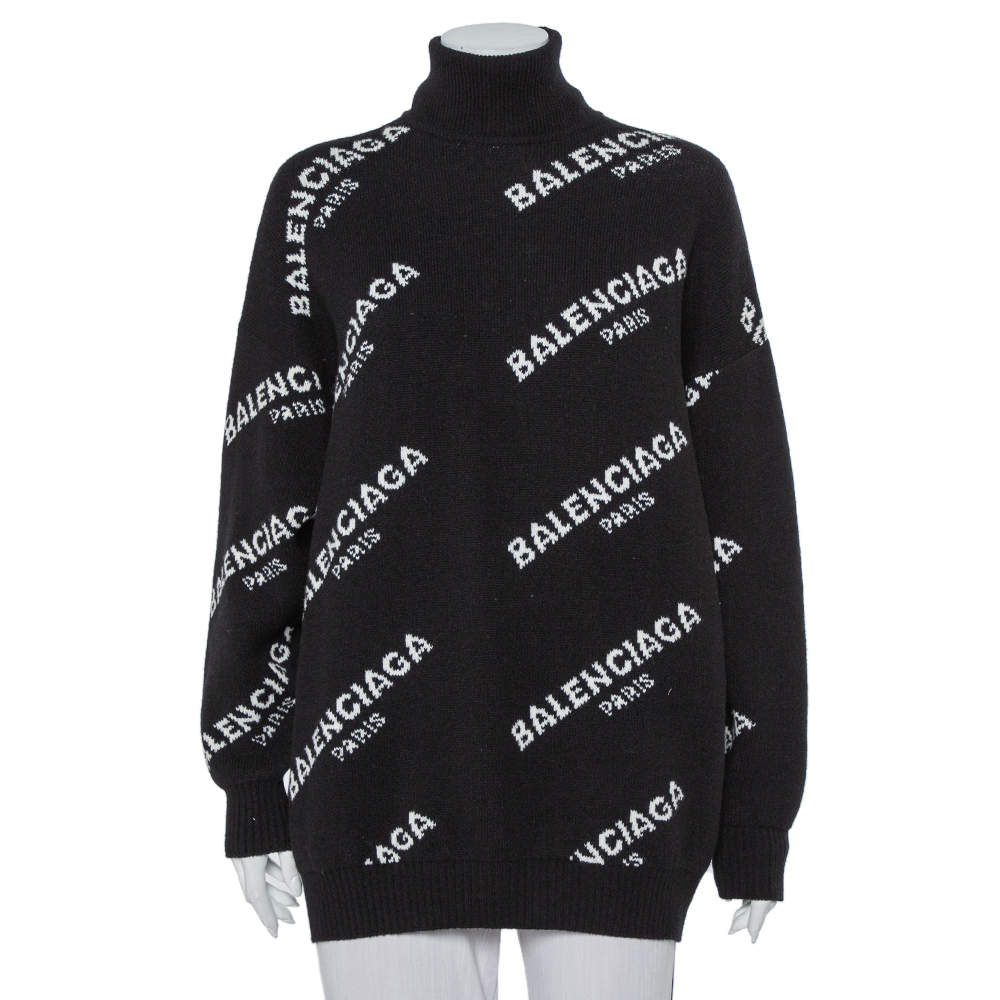 Pre Owned Balenciaga Black Logo Intarsia Knit Oversized Turtleneck Sweater S