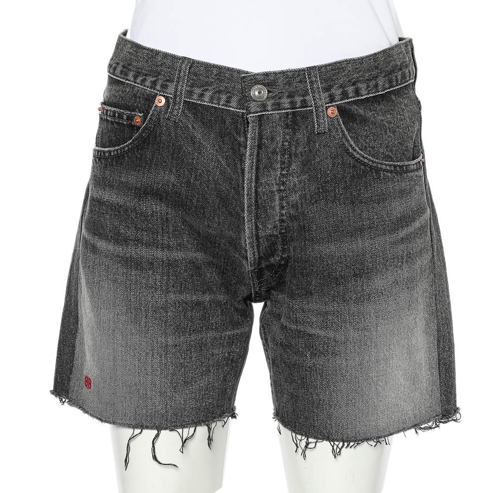 Balenciaga Charcoal Grey Denim Raw Edge Detail Shorts M