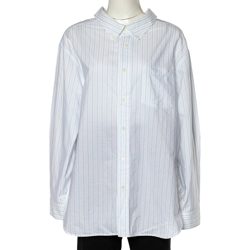 قميص بالنسياغا قطن أبيض مخطط تفاصيل ياقة مفتوحة عريضة كبير الحجم مقاس صغير - سمول 