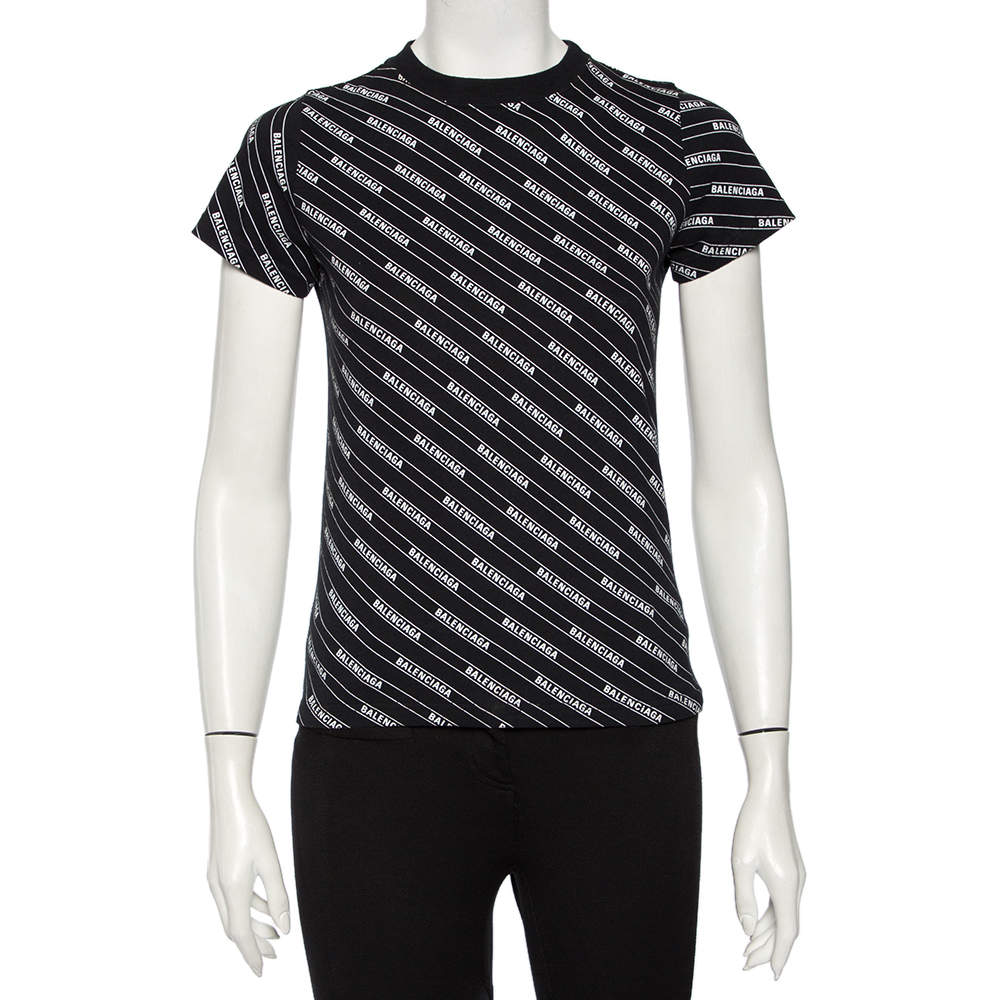 Pre Owned Balenciaga Black Cotton Diagonal Monogram Crewneck T-shirt XS