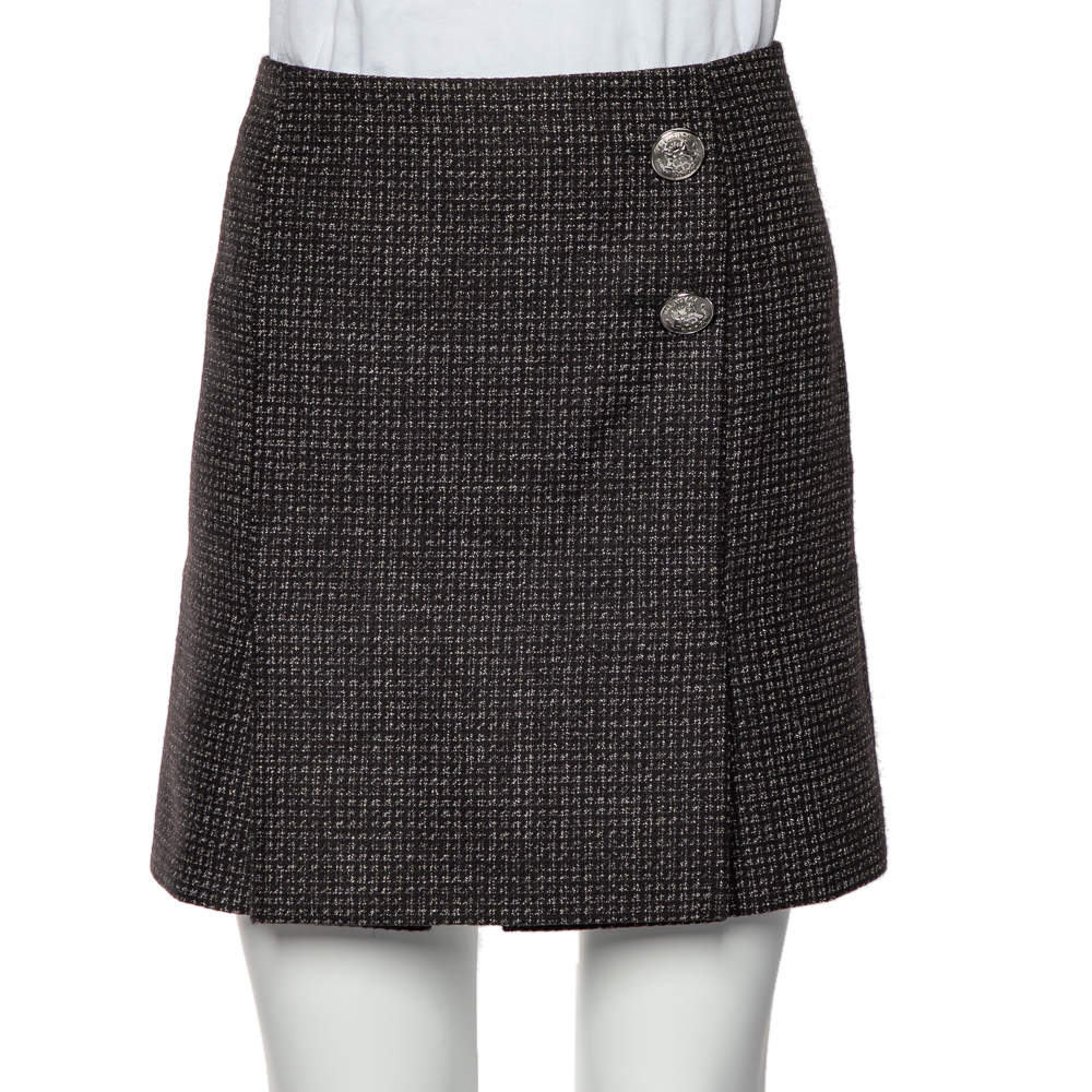 Pre Owned تنورة بالنسياغا ميني تفاصيل زر صوف نمط أسود مقاس متوسط