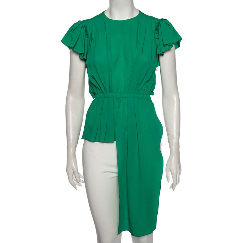 Balenciaga Green Silk Pleated Asymmetrical Blouse S