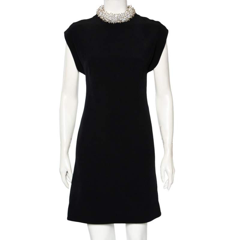 مملوكة مسبقًا Balenciaga Black Crepe Embellished Neck Detail Short Dress S