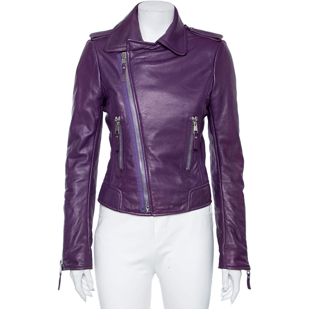 Balenciaga Purple Leather Cropped Biker Jacket M
