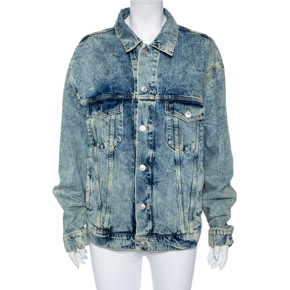 Pre Owned جاكت بالنسياغا فضفاض طباعة شعار دنيم نمط مجعد أزرق مقاس متوسط