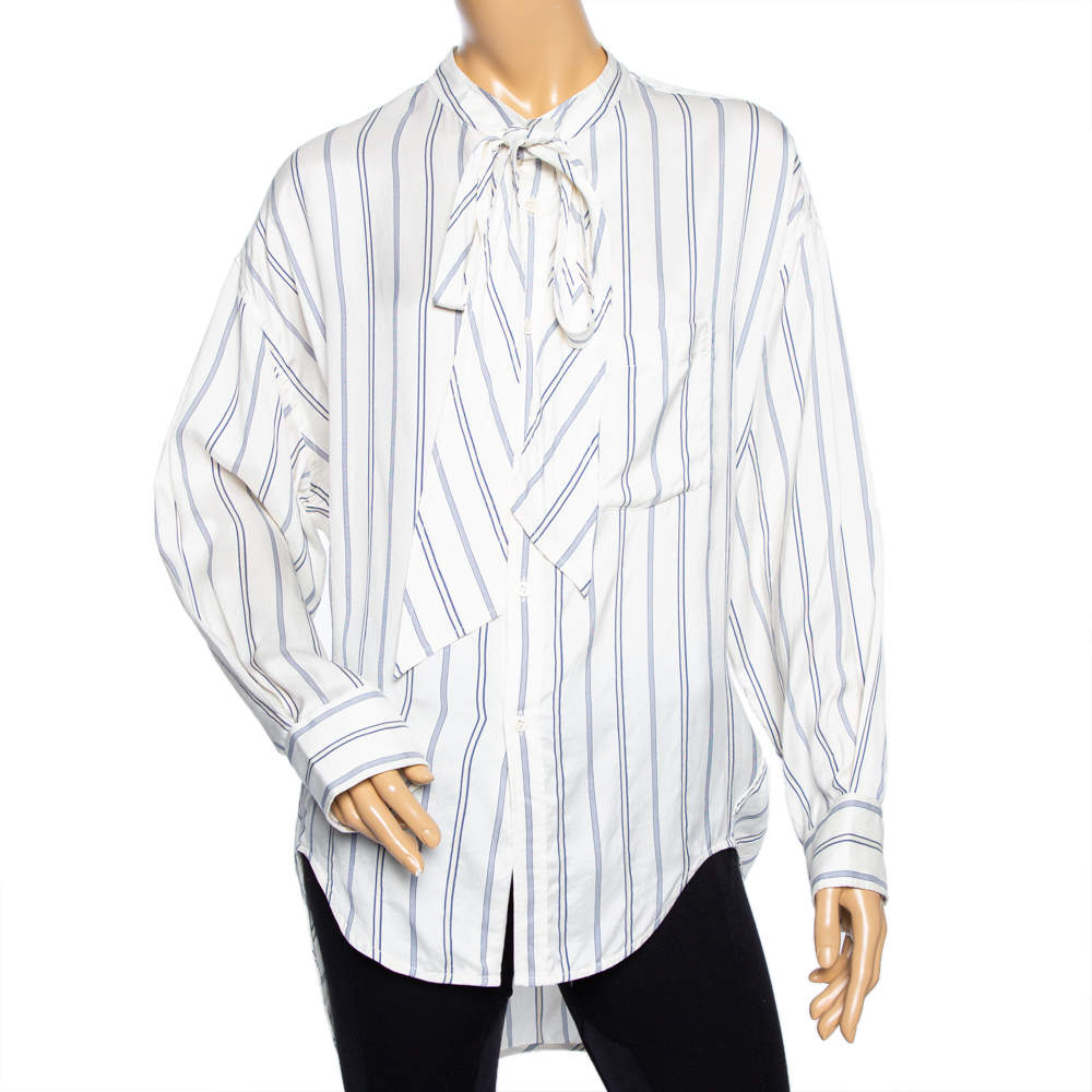 Pre Owned Balenciaga Off-White Striped Silk Logo Printed Oversized Shirt XS