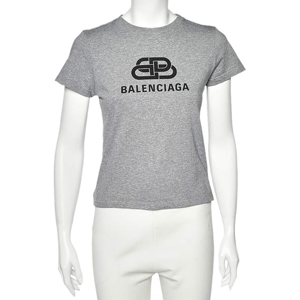 Pre Owned Balenciaga Grey Logo Printed Cotton Short Sleeve T-Shirt S