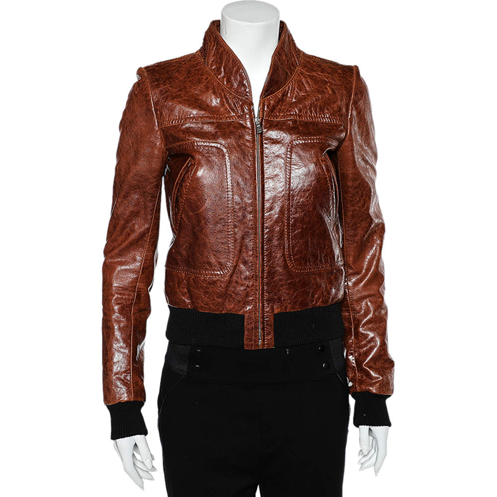 Pre Owned Balenciaga Brown Leather Zip Front Jacket S