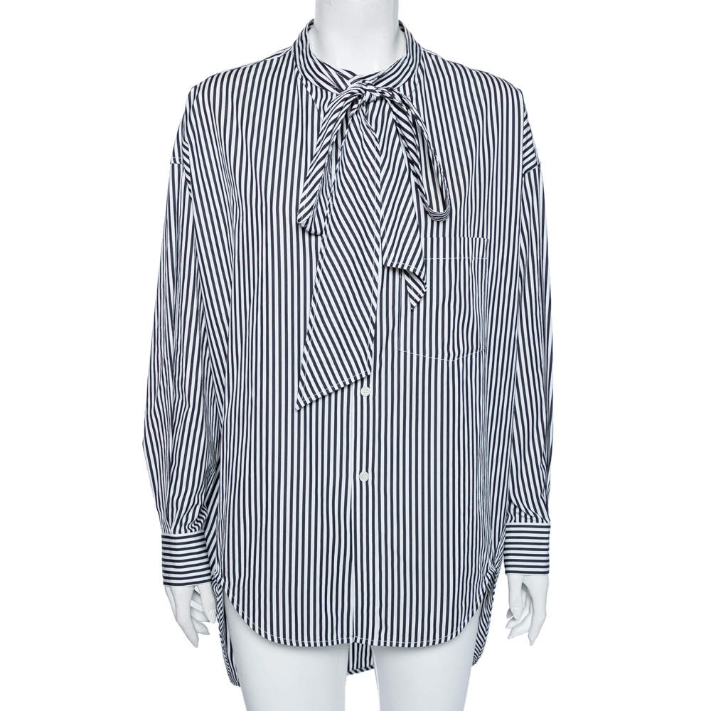 Pre Owned Balenciaga Black Striped Cotton Neck Tie Detail Oversized Shirt S 
