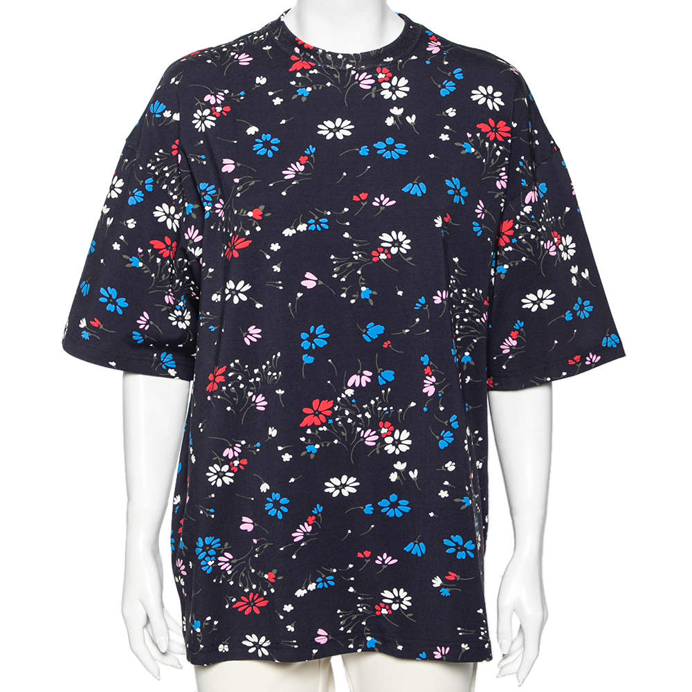 Pre Owned Balenciaga Navy Blue Floral Printed Cotton Oversized Short Sleeve T-Shirt M