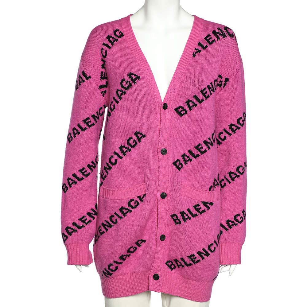 مملوكة مسبقًا Balenciaga Pink Logo Intarsia Knit Long Cardigan S