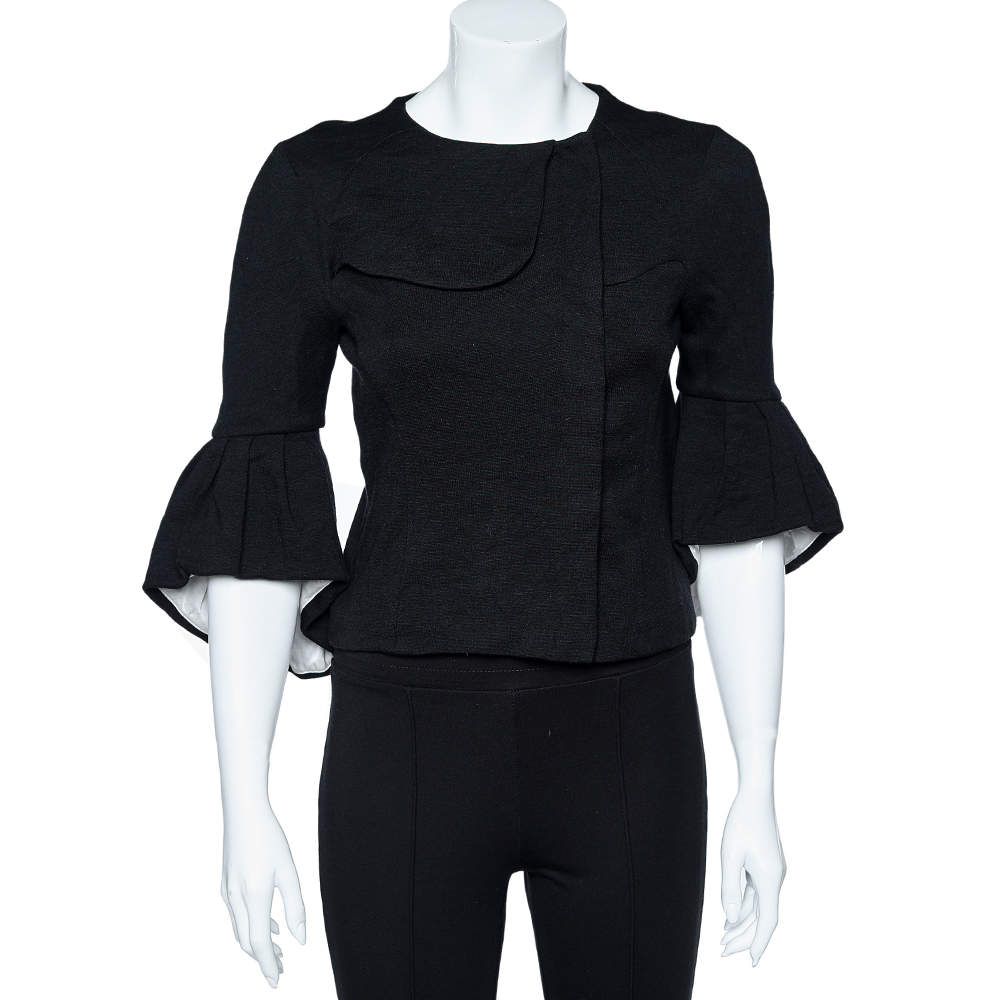 مملوكة مسبقًا جاكيت بالنسياغا تريكو صوف أسود بأكمام مكشكشة مقاس متوسط - ميديوم