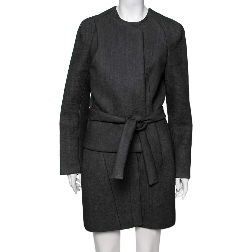 Pre Owned Balenciaga Charcoal Grey Wool, Blend Overlay Detail Belted Mini Dress M