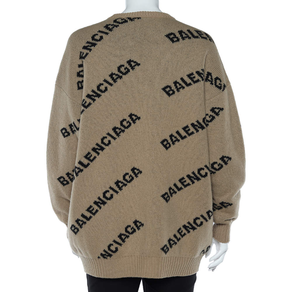 Balenciaga Light Brown Logo Intarsia Wool Knit Oversized Sweater XS