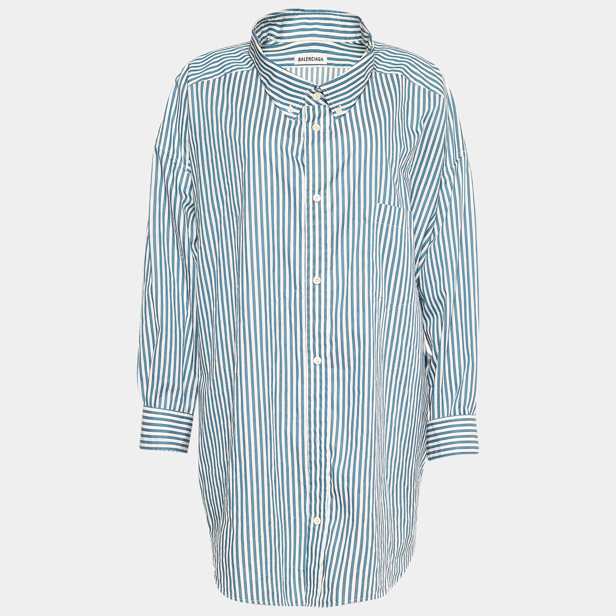 Pre Owned Balenciaga Blue Striped Cotton Logo Printed Oversized Shirt M