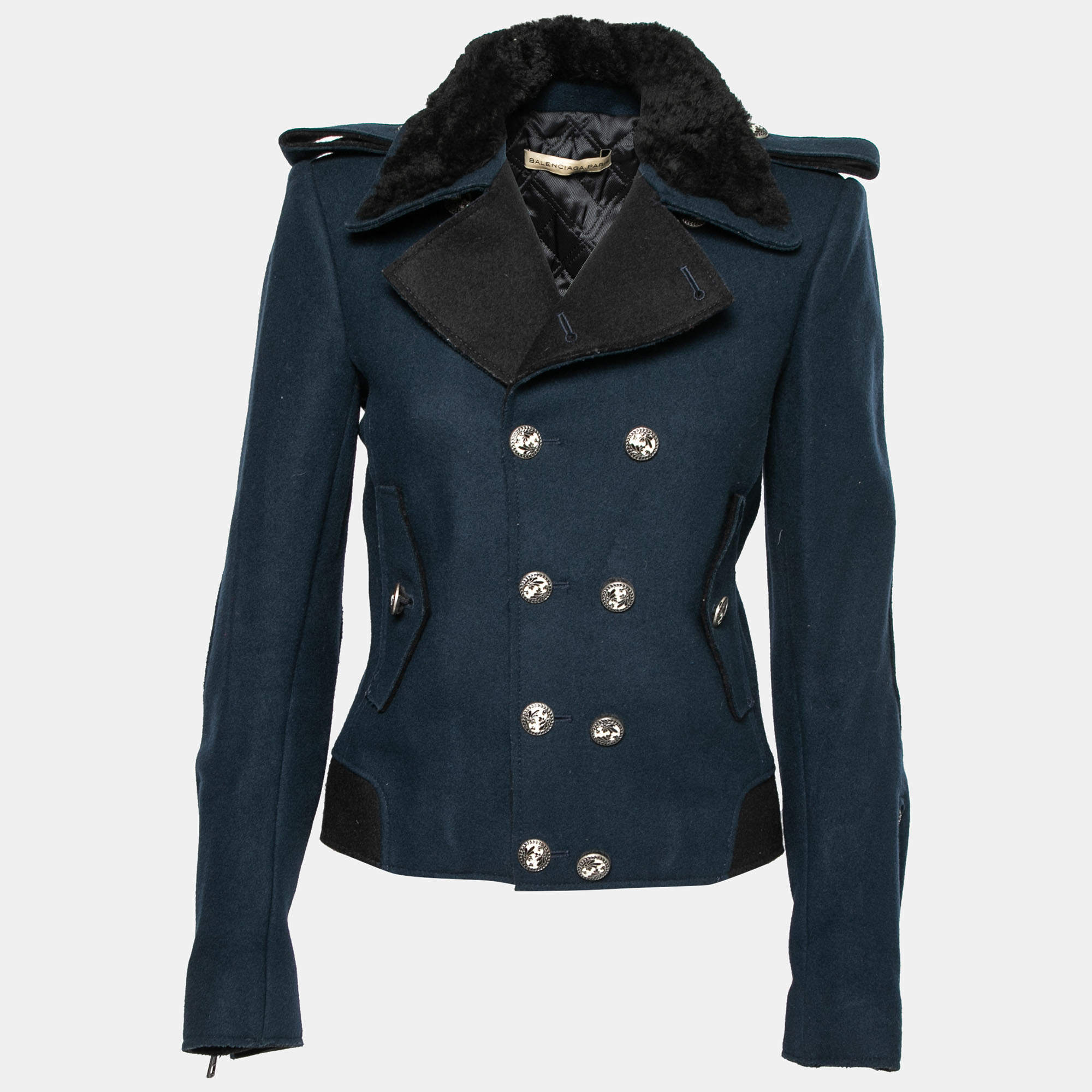 Balenciaga Navy Blue Wool Shearling Trimmed Double Breasted Jacket M