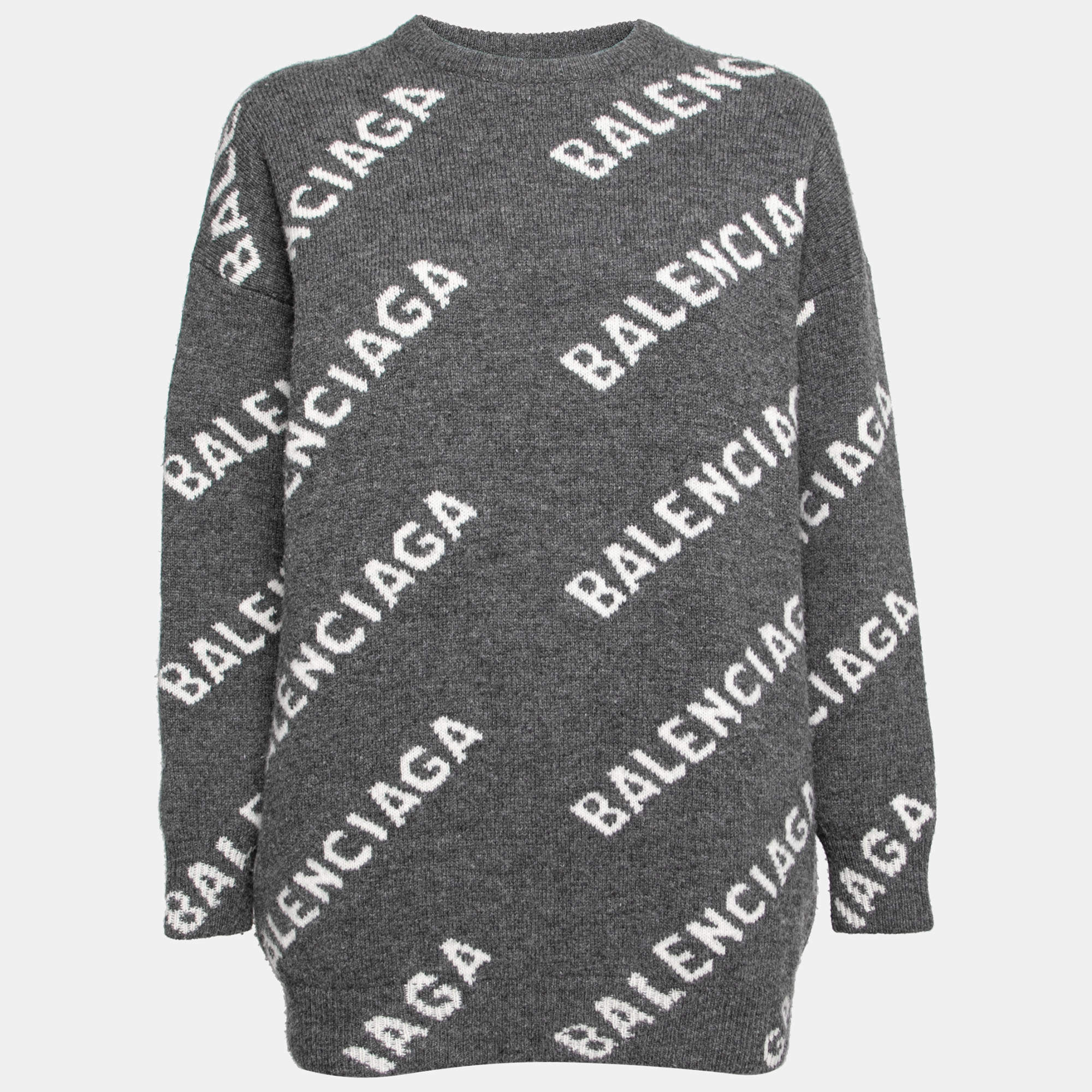 Pre Owned Balenciaga Grey Logo Intarsia Knit Wool Round Neck Jumper XS