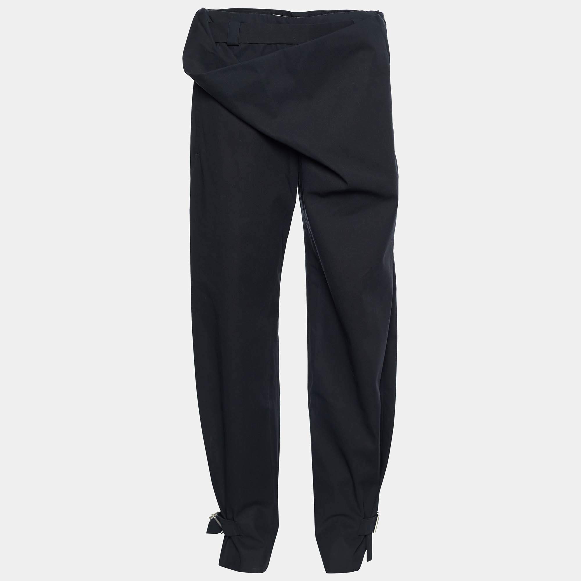 Pre Owned Balenciaga Black Cotton Blend Draped Belted Cuff Trousers M