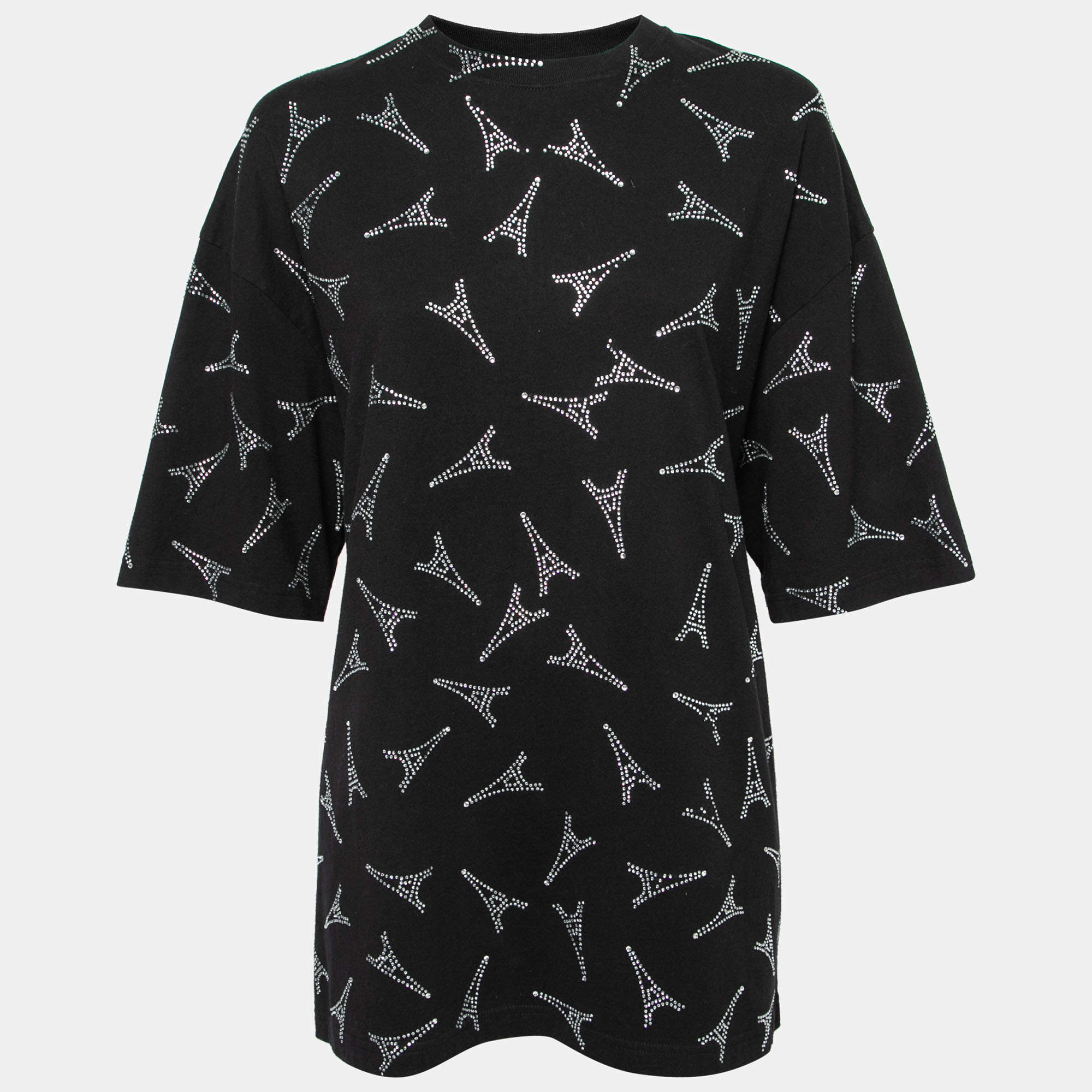 Pre Owned Balenciaga Black Cotton Eiffel Tower Embellished Crewneck T-Shirt L
