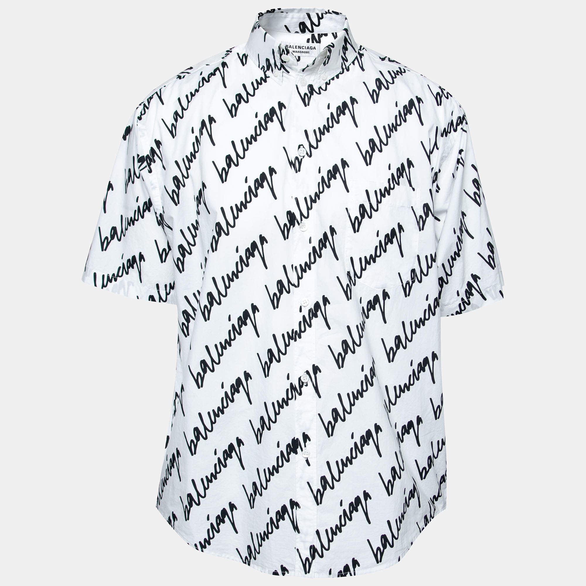 Pre Owned Balenciaga White & Black Signature Logo Print Cotton Oversized Shirt S