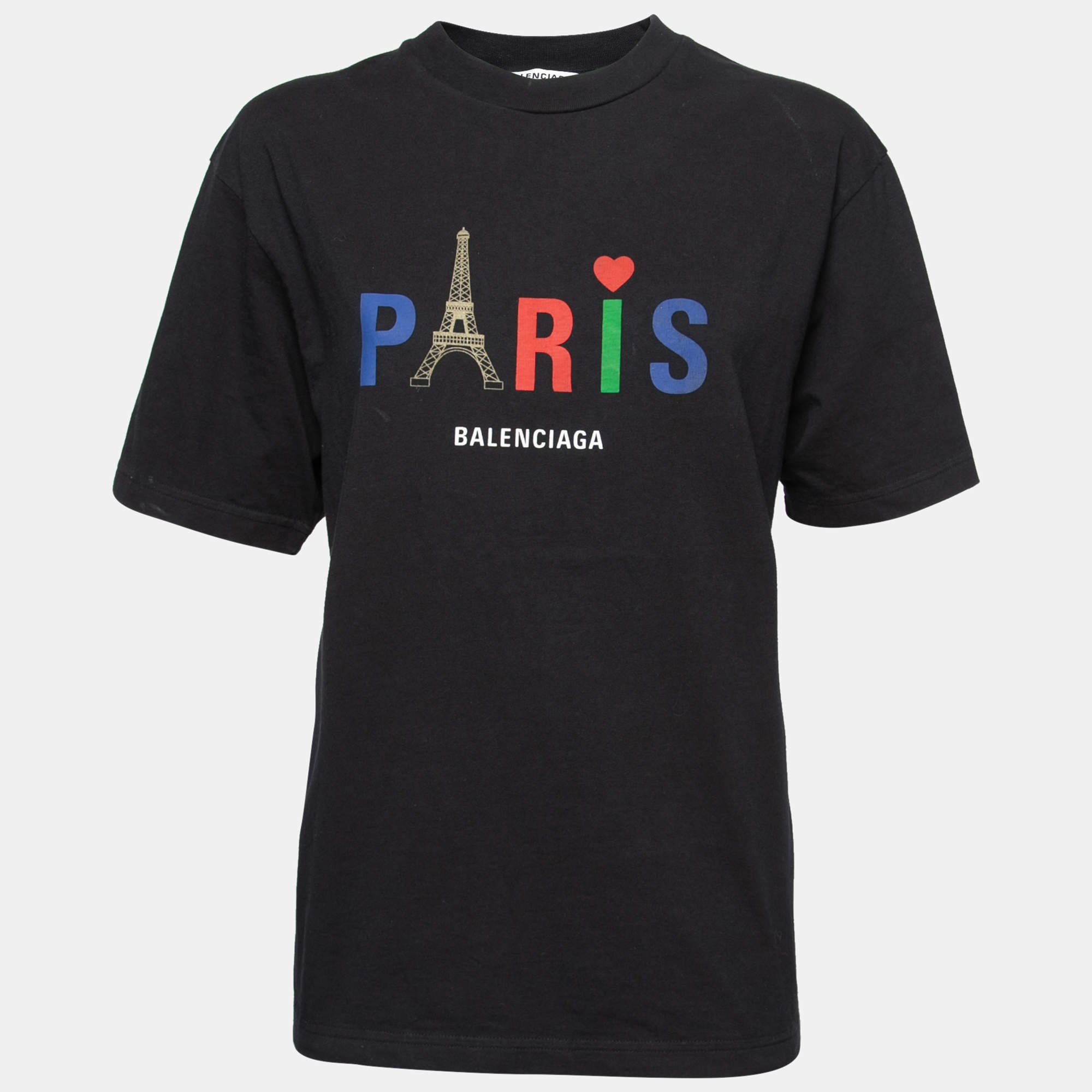 Pre Owned Balenciaga Black Cotton Paris Logo Printed T-Shirt S