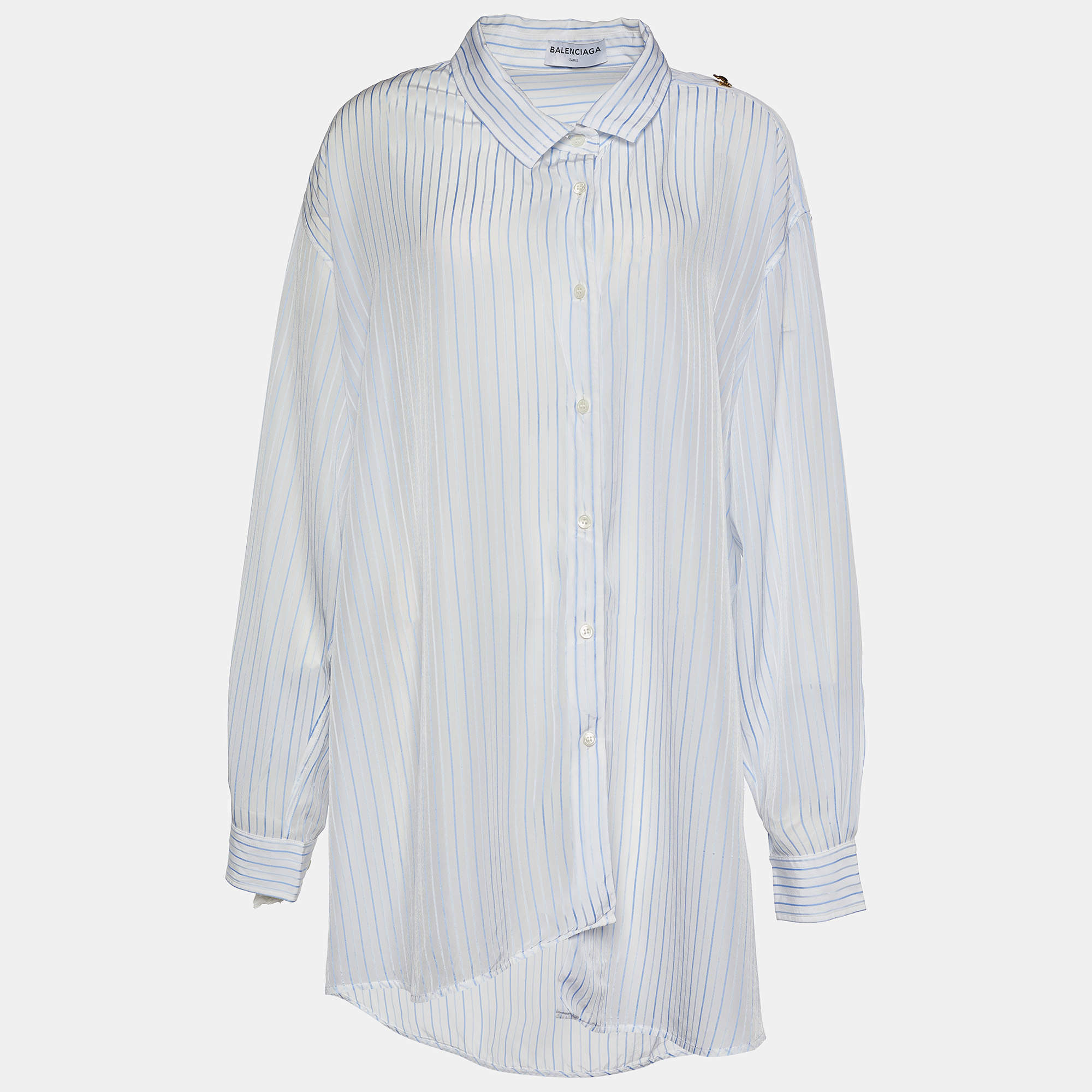 Pre Owned Balenciaga White Striped Crepe Asymmetric Pulled Shirt L