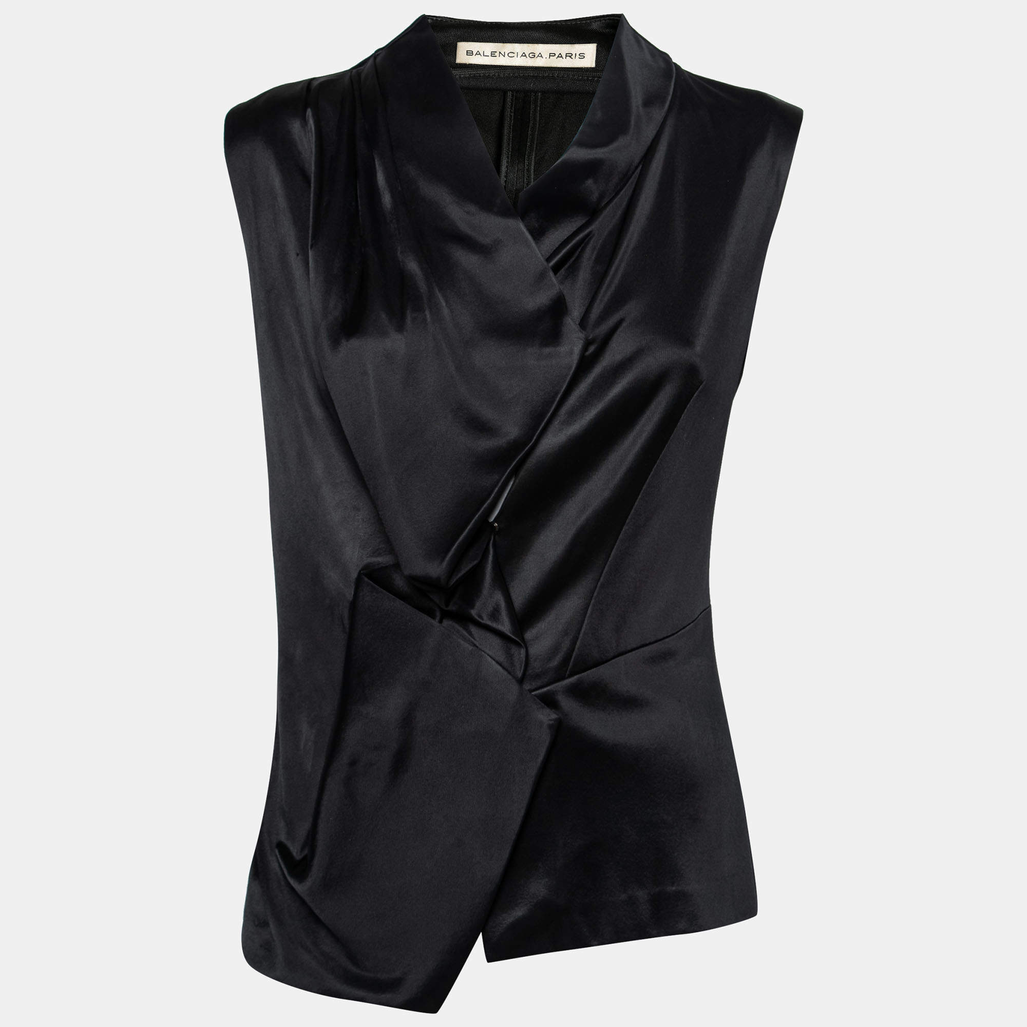 Pre Owned Balenciaga Black Satin Drape Detail Sleeveless Top M
