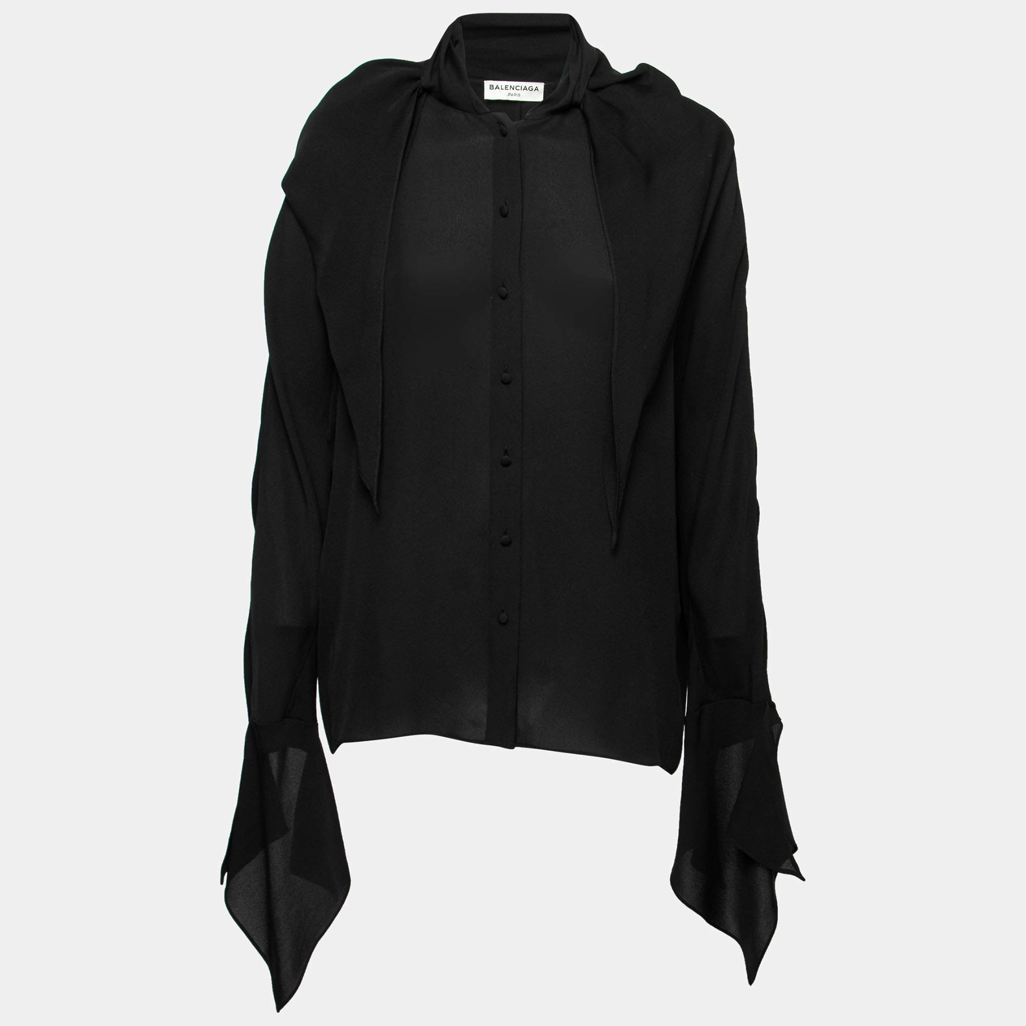 Pre Owned Balenciaga Black Silk Crepe Neck Tie Detail Long Sleeve Blouse M
