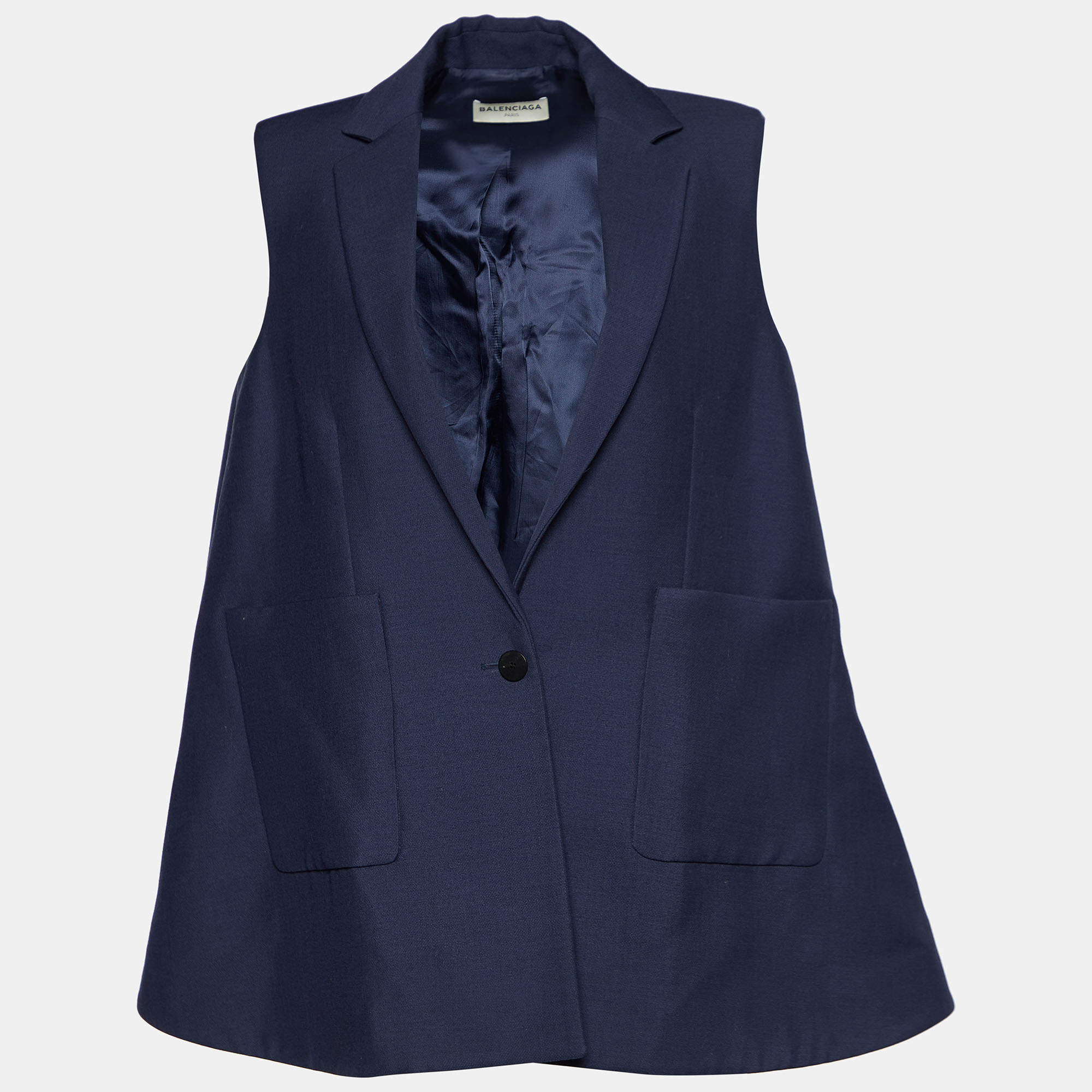 مملوكة مسبقًا Balenciaga Navy Blue Wool & Mohair Sleeveless Oversized Jacket S
