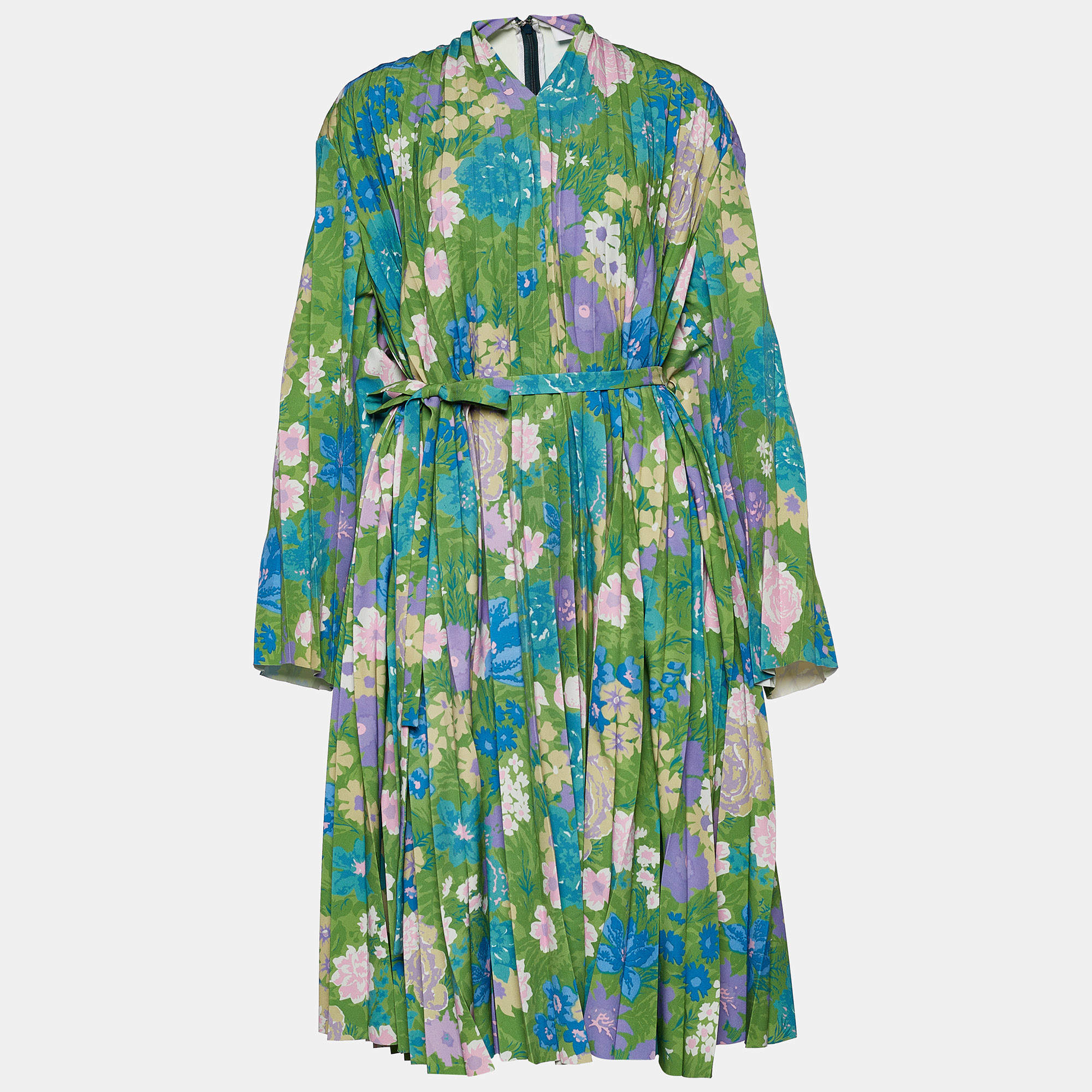 Pre Owned Balenciaga Green Floral Print Crepe Cape Detail Pleated Dress L