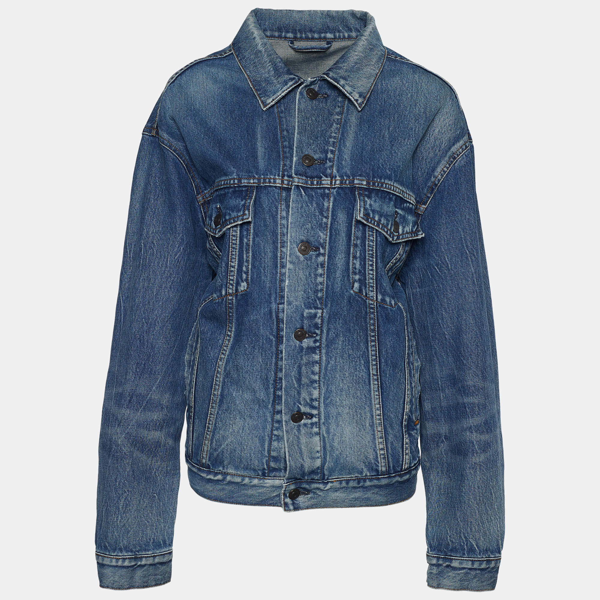 Pre Owned Balenciaga Blue Denim Logo Printed Oversized Jacket S