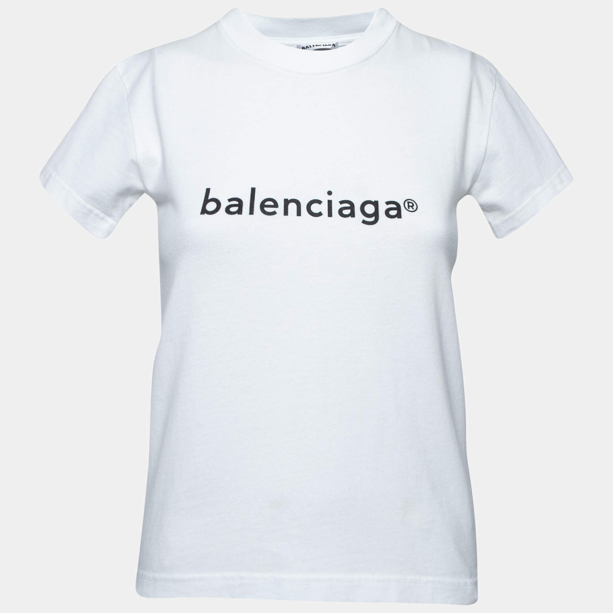 Pre Owned Balenciaga White Logo Print Cotton Crewneck T-Shirt XS