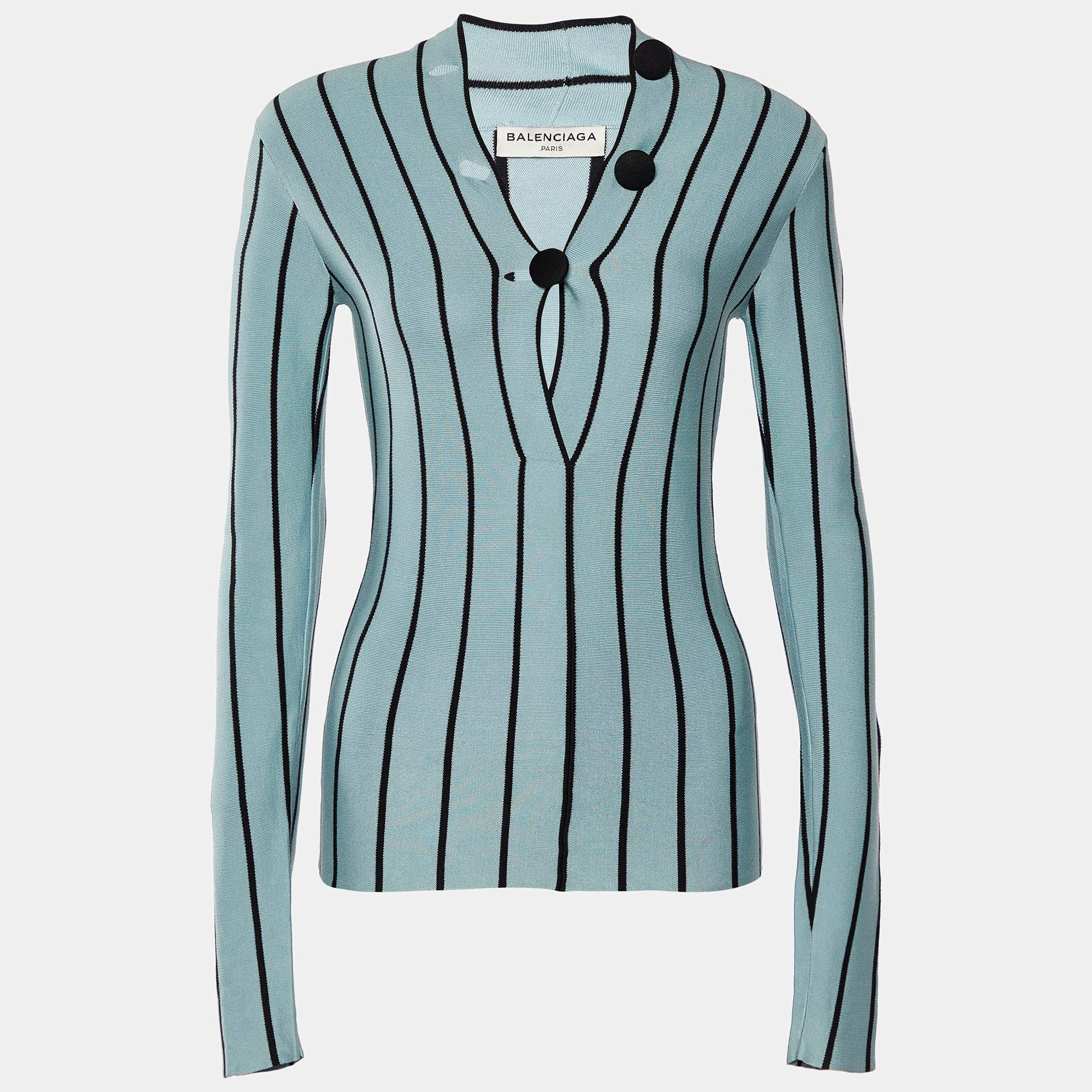 Pre Owned Balenciaga Light Blue Striped Silk Knit Top S