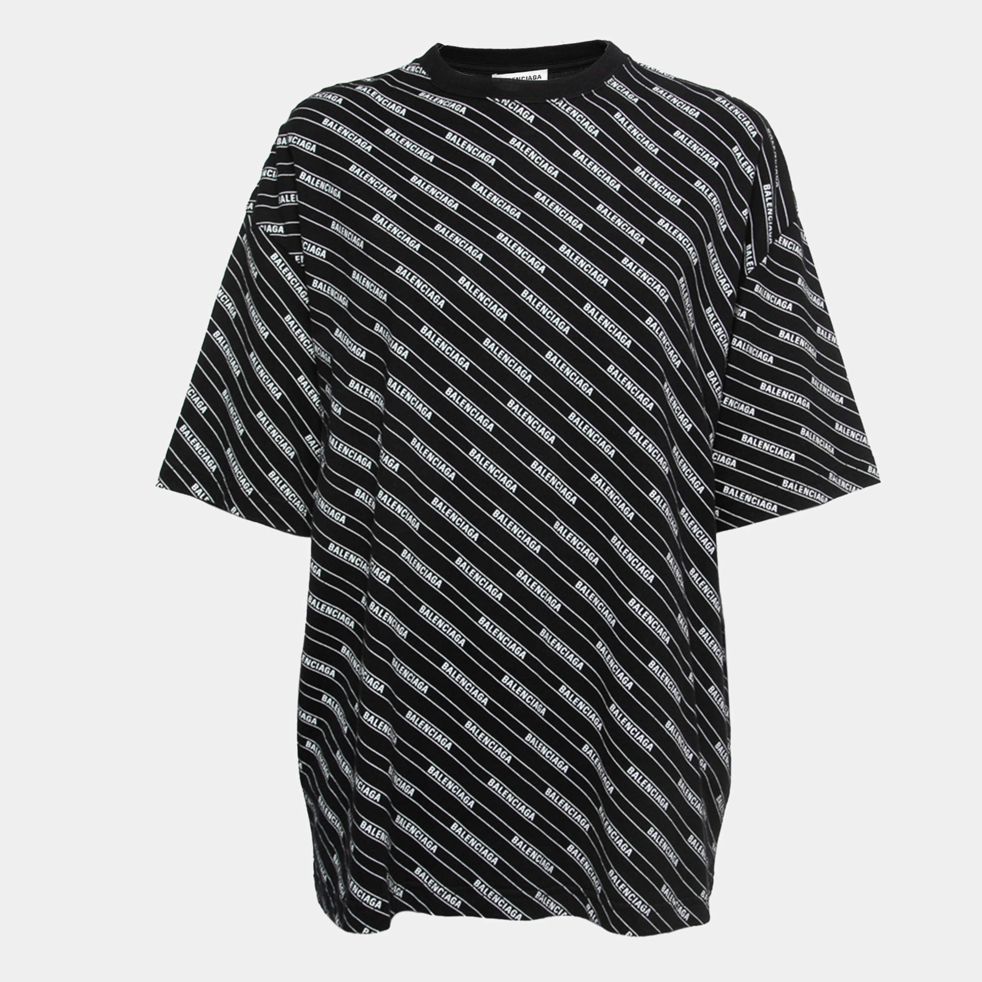 Pre Owned Balenciaga Black Logo Patterned Cotton T-Shirt M